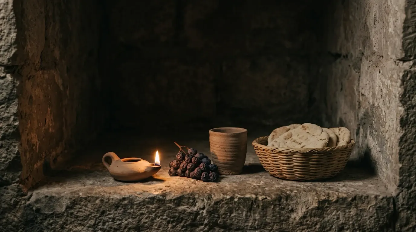 A cup, a cluster of grapes and a basket of bread on a stone ledge beside a clay lamp.
