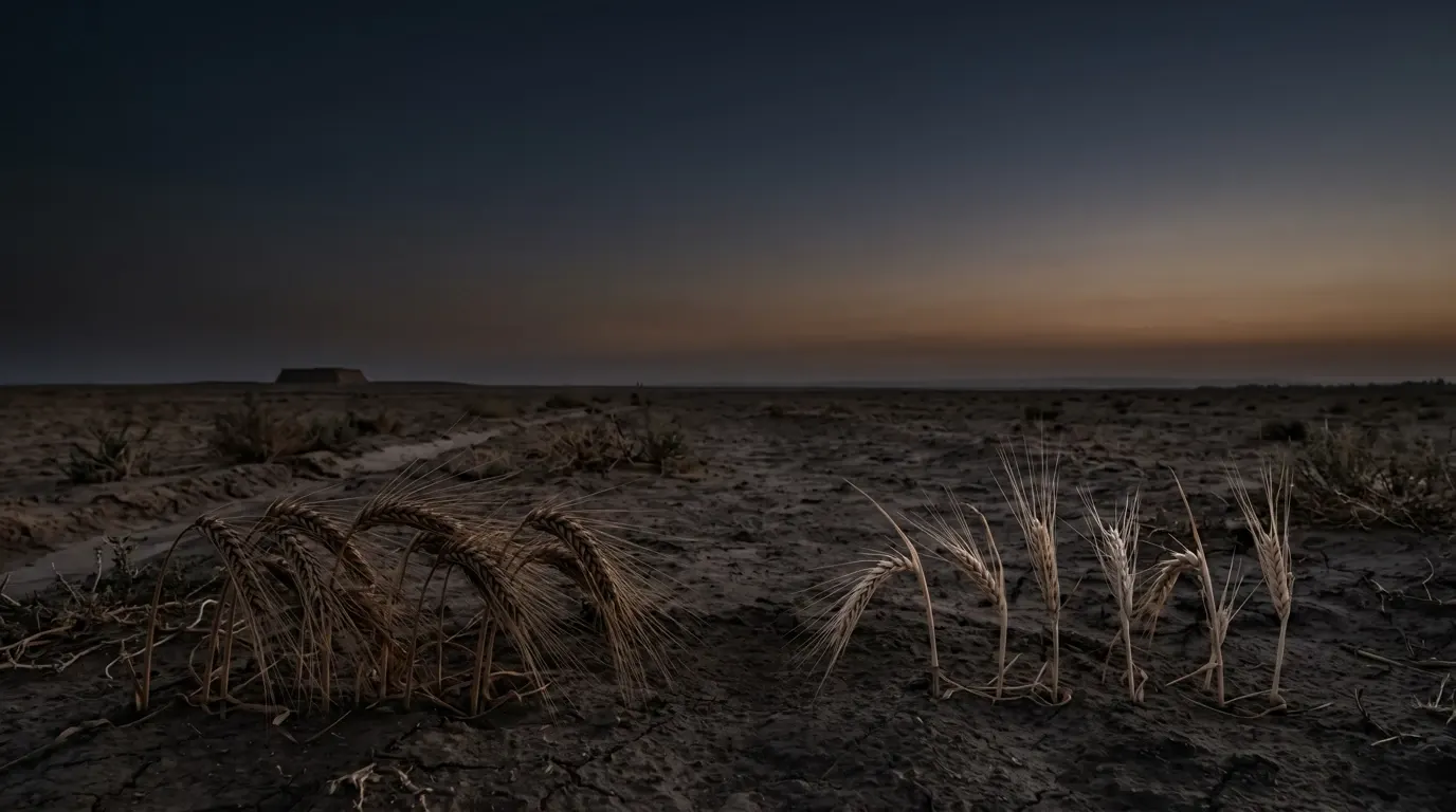 Seven full heads of grain and seven thin, blighted ones lying apart on dark earth.