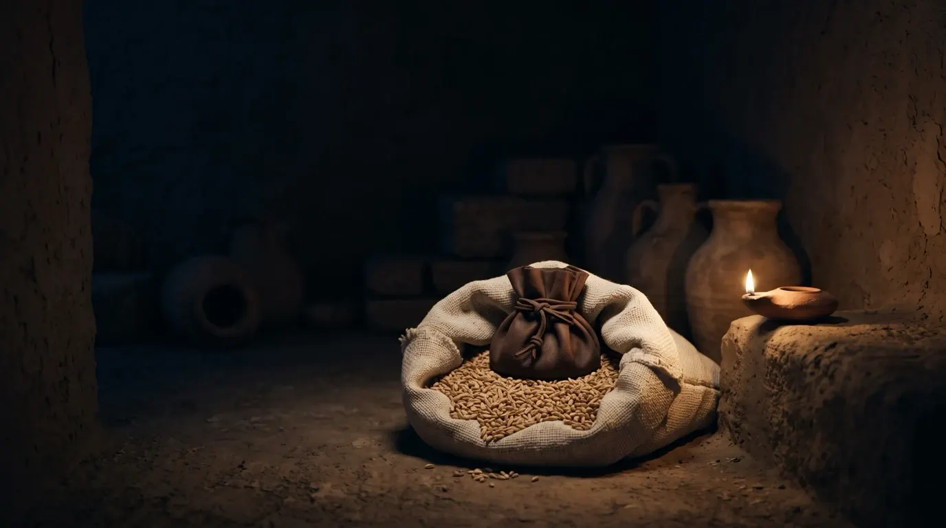 An open sack of grain with a small tied leather pouch resting in its mouth.