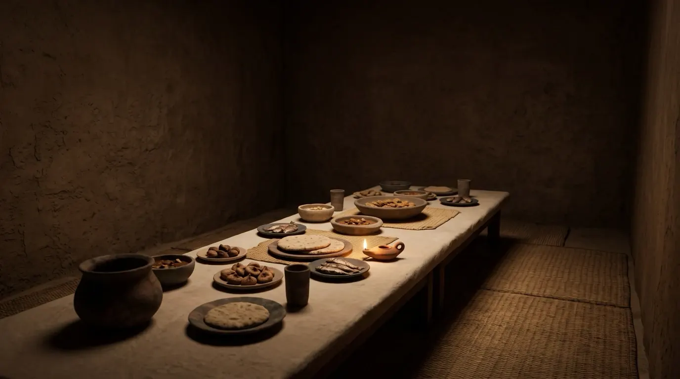 A long low table laid with portions of food, running away on a diagonal in a plastered room.