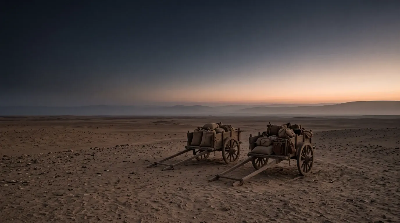 Two wooden carts loaded with provisions, standing on an empty desert road.