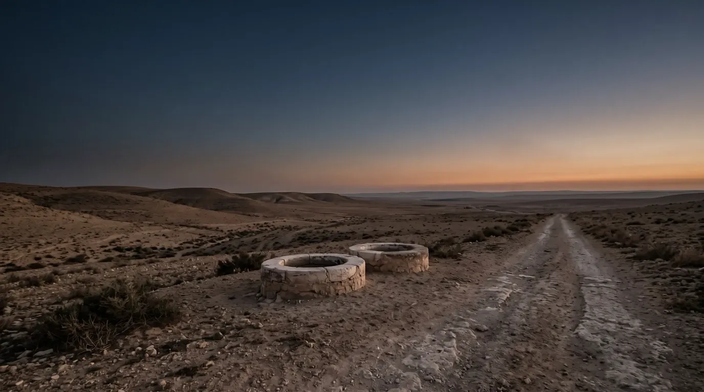 Two round stone well-mouths beside a road running south across a wide plain.