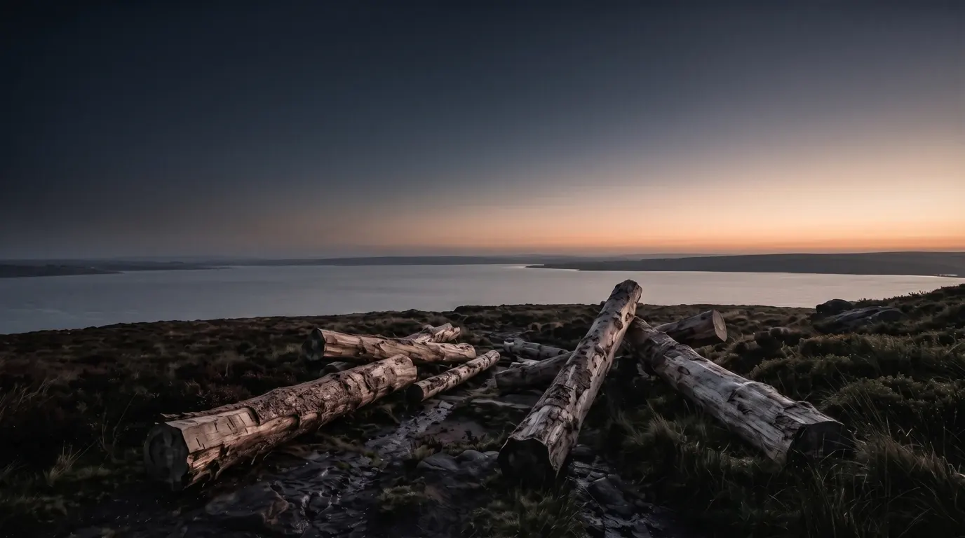 Great cut cypress timbers lying on open ground beside a wide grey water under a darkening sky.