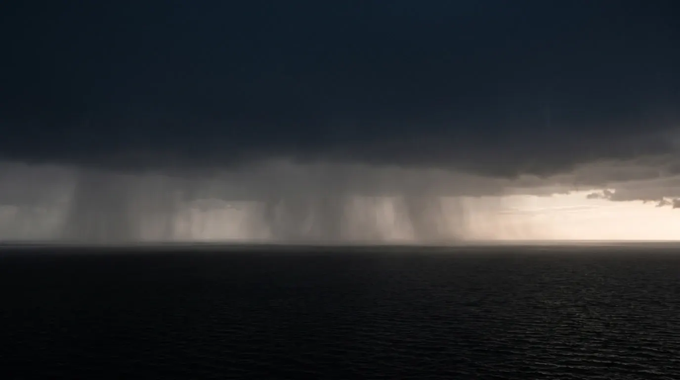 Grey rain falling over a wide rising water, with no land visible anywhere.