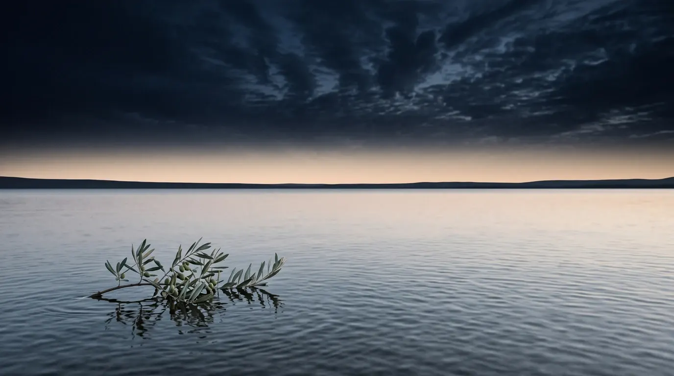 A fresh olive branch afloat on water grown calm, the sky clearing above.