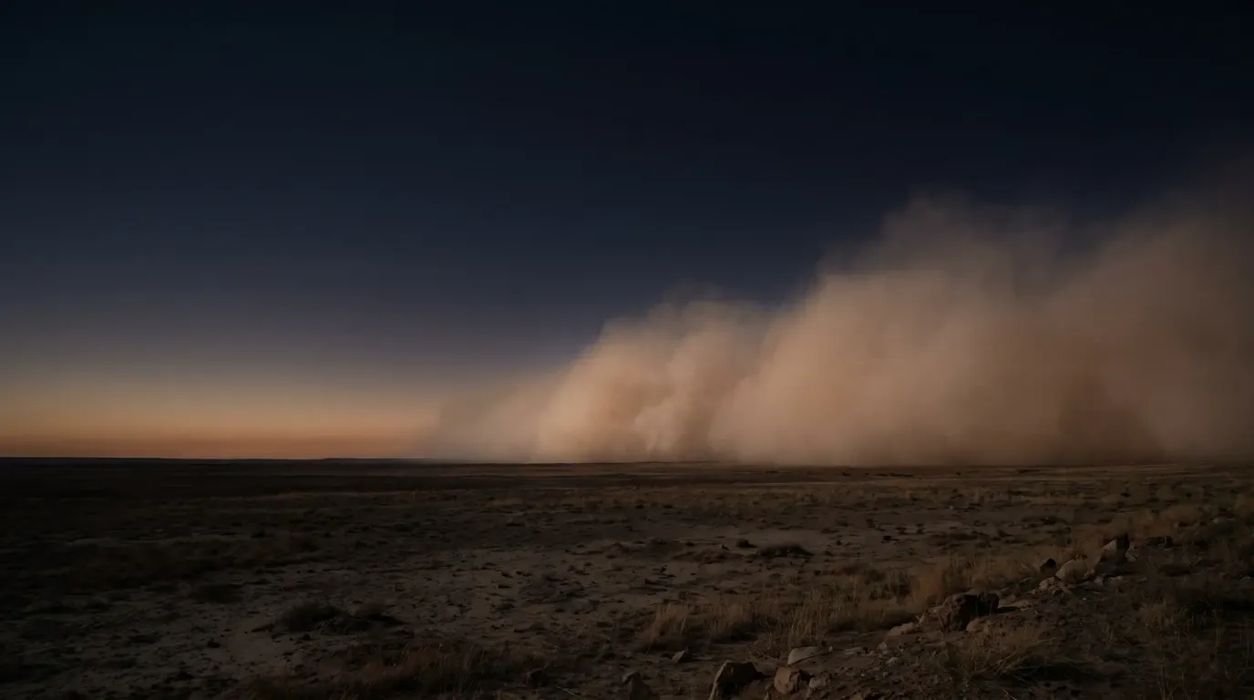 A wall of desert dust advancing across a wide dry plain.
