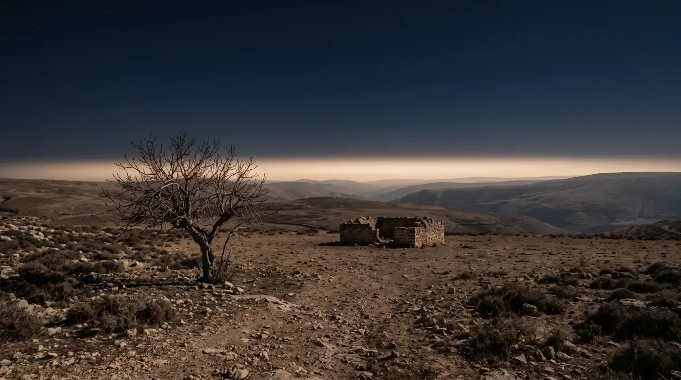 A bare fig tree and an empty stone sheepfold in a dry field.