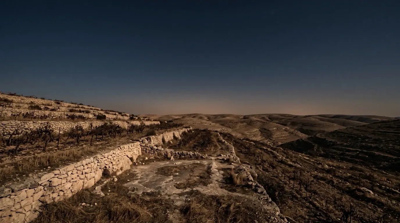 Parched stone terraces with withered vines on a dry hillside.