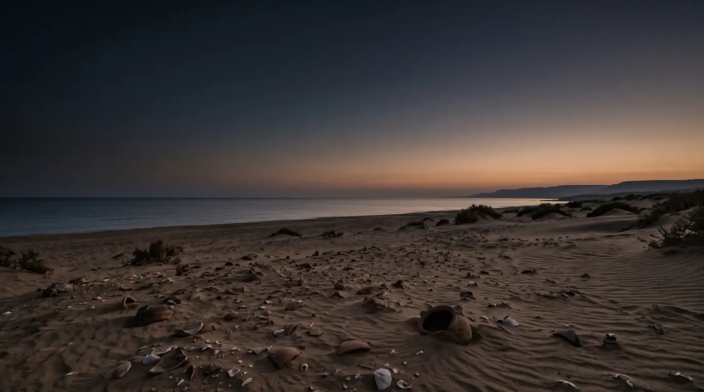 The sand of the seashore in the foreground, the sea wide and flat beyond.