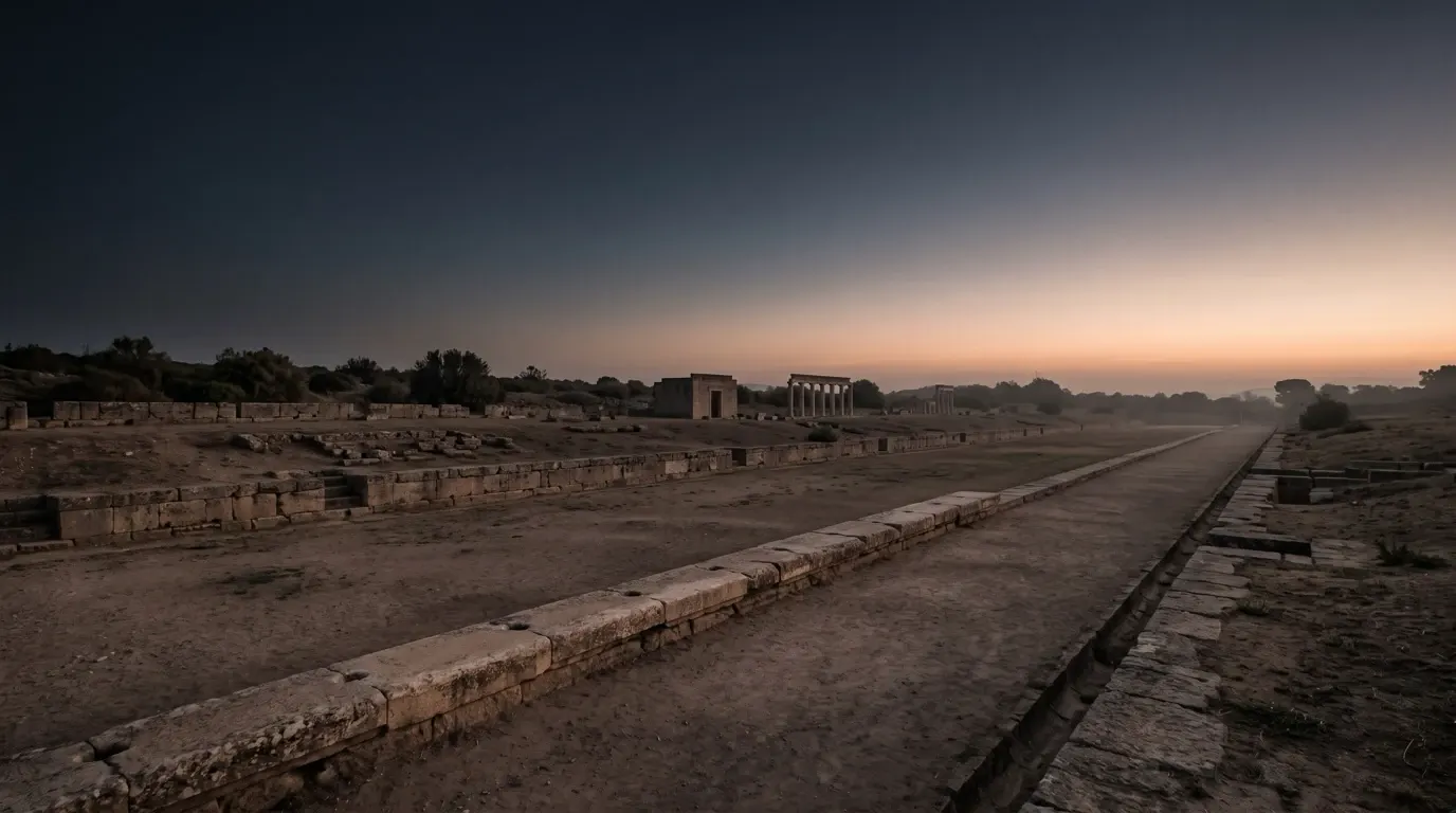 The long earth track of an ancient stadium and its stone starting line.