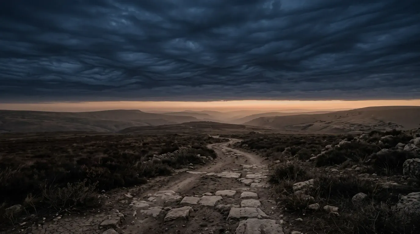 A vast sky of layered cloud folded like cloth over a dark plain.