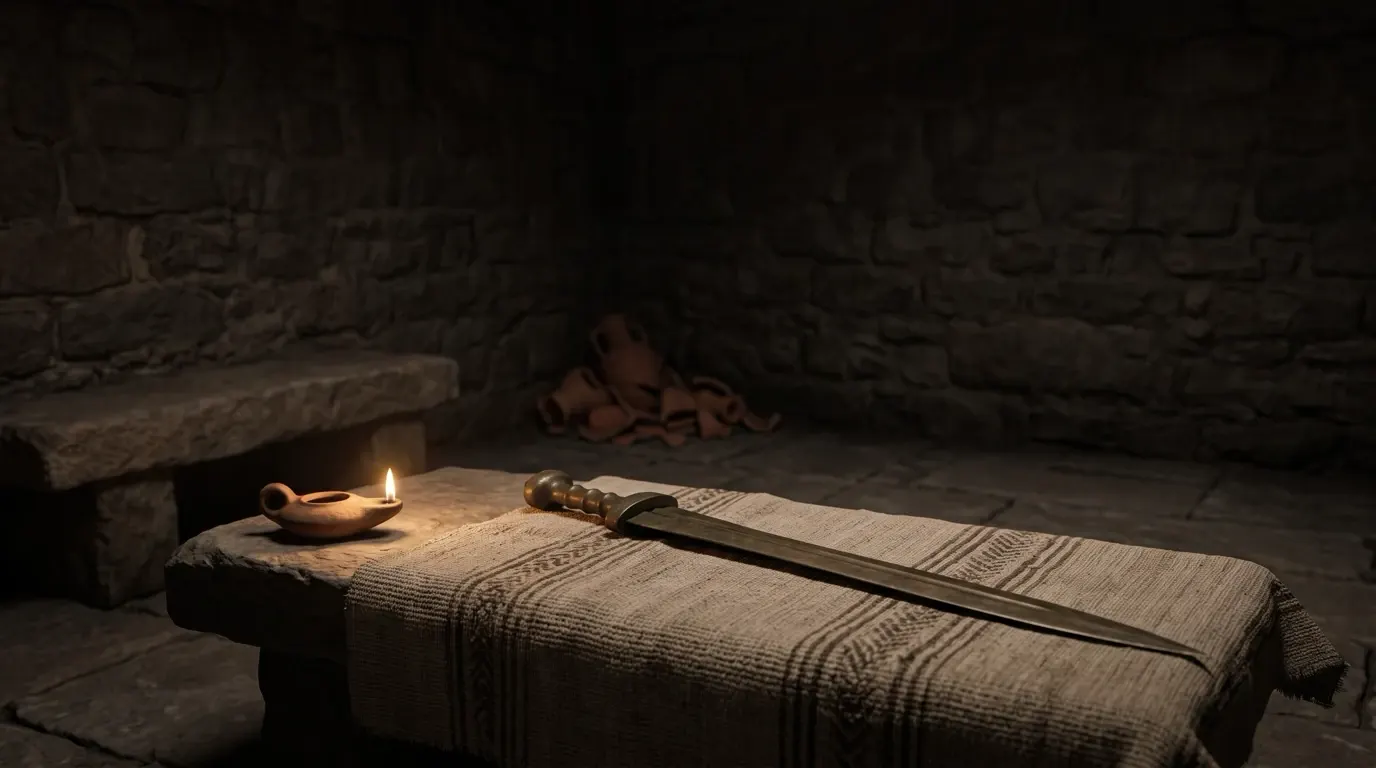 A two-edged sword lying on a woven cloth.