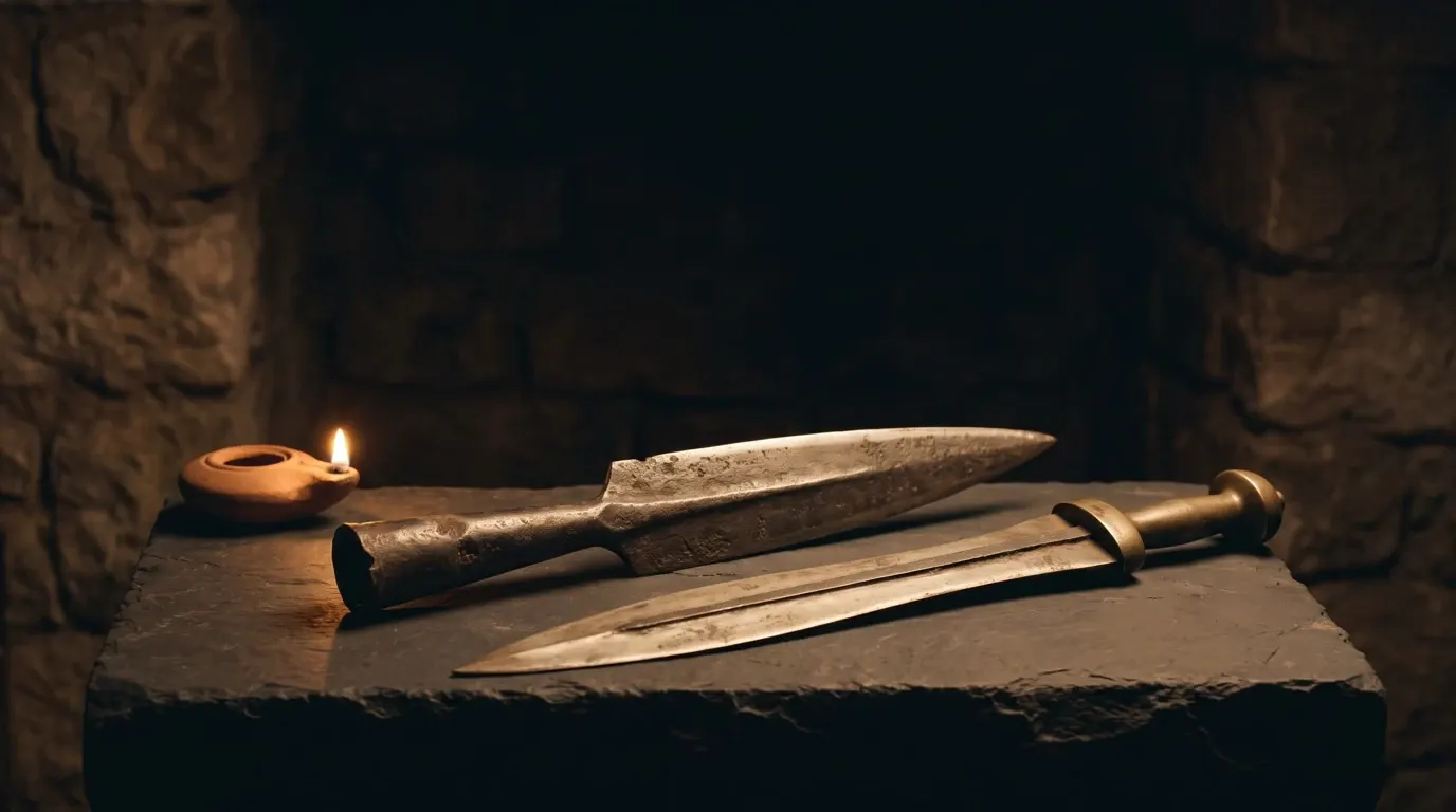 An iron ploughshare beside a short sword on a block of dark stone, a clay lamp burning.