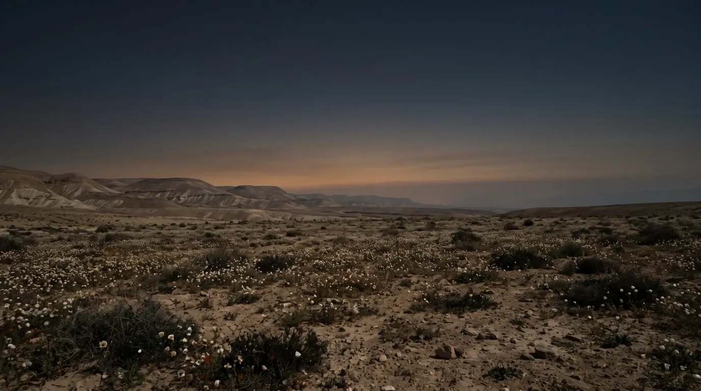 The desert in bloom at dusk, small white flowers scattered over the dry ground to the far hills.