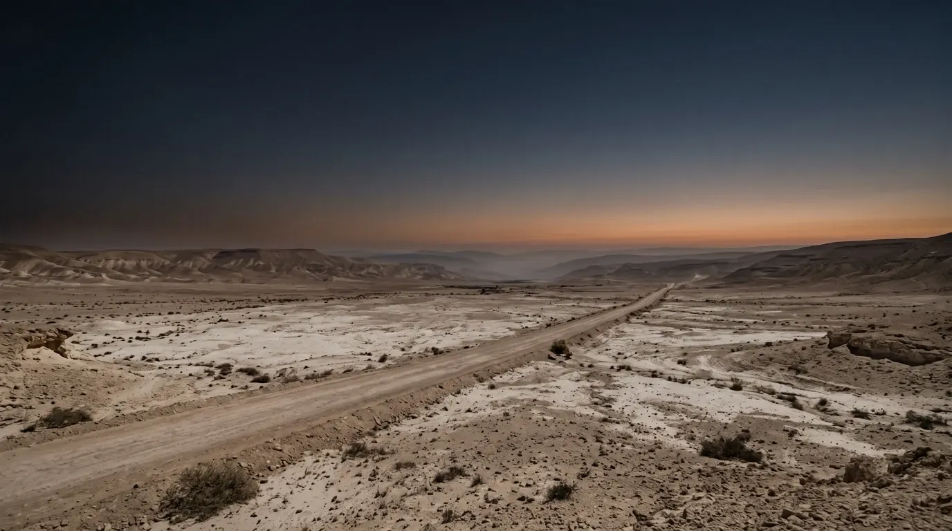 A straight road running on a long diagonal across a levelled desert valley.