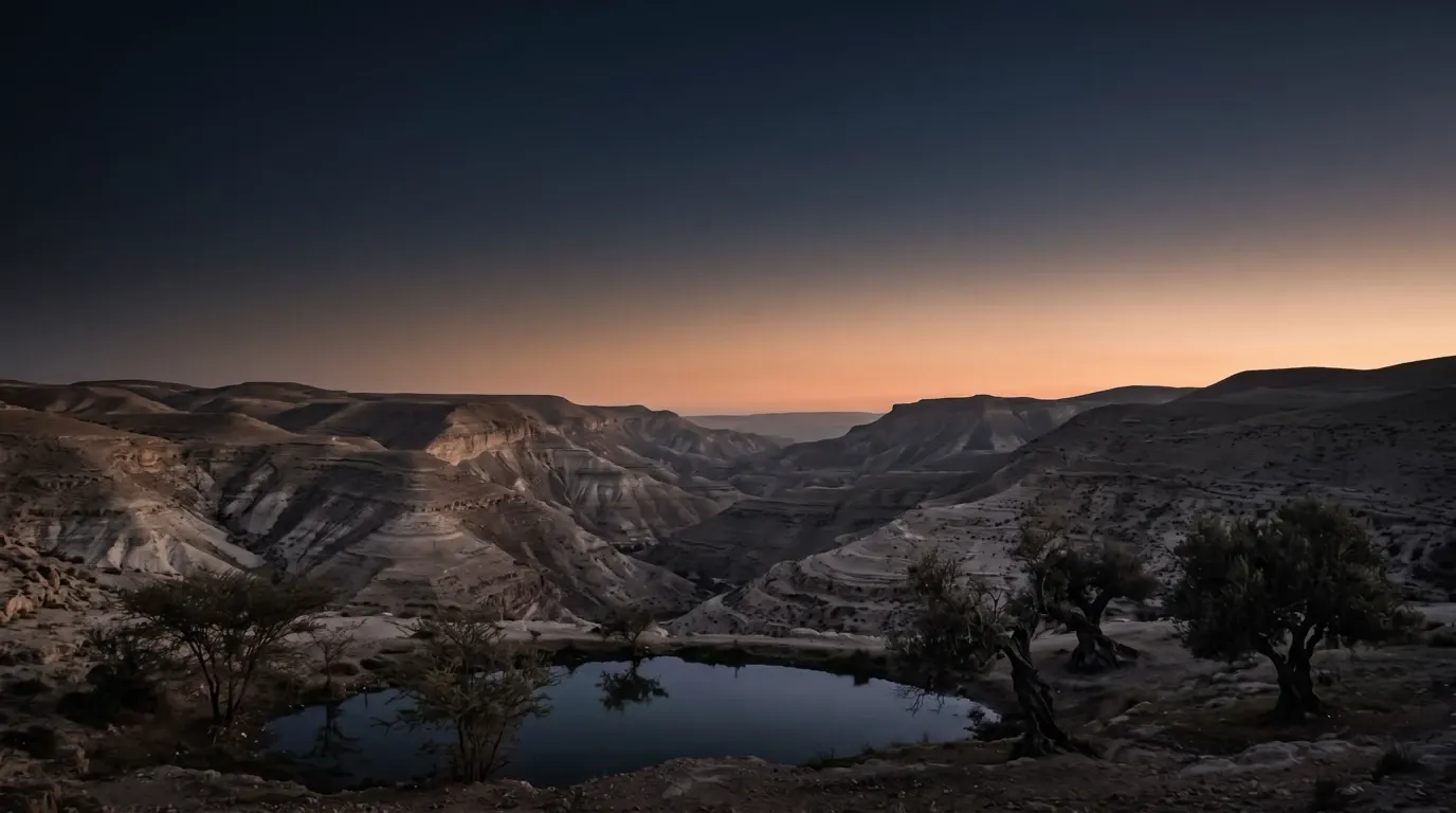 A pool of water in the desert, young trees growing at its edge.