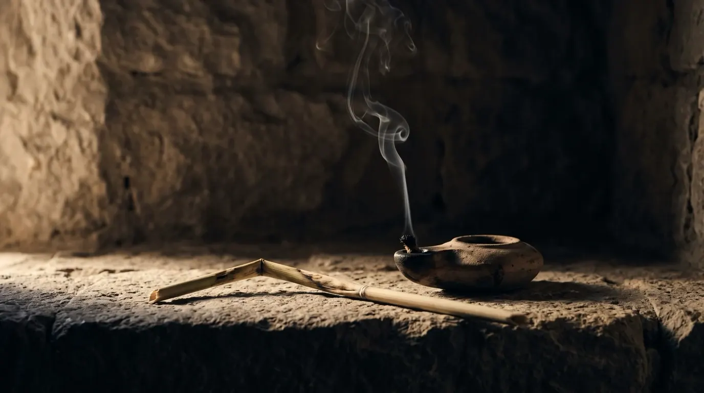 A bent, bruised reed on a stone ledge beside a clay lamp whose wick only smokes.
