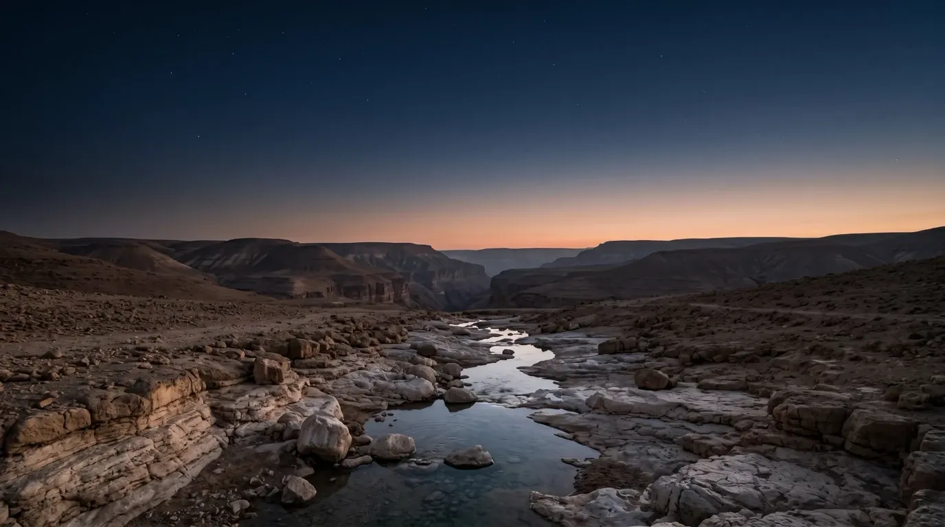 A stream of clear water running through a dry desert wadi.
