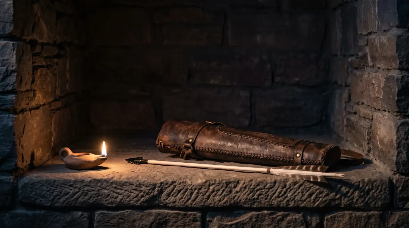 A leather quiver and one polished arrow on a stone ledge beside a clay lamp.