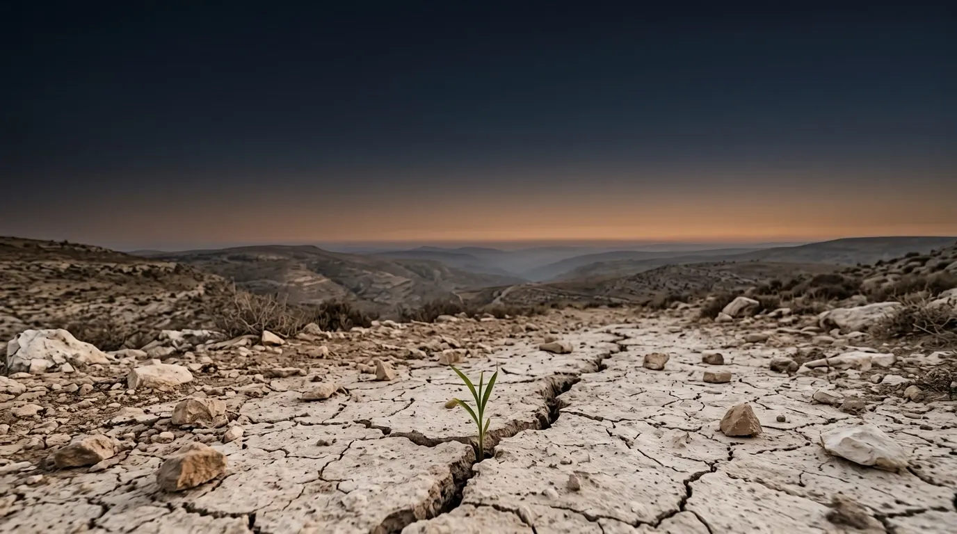 A single young shoot growing out of dry cracked ground.