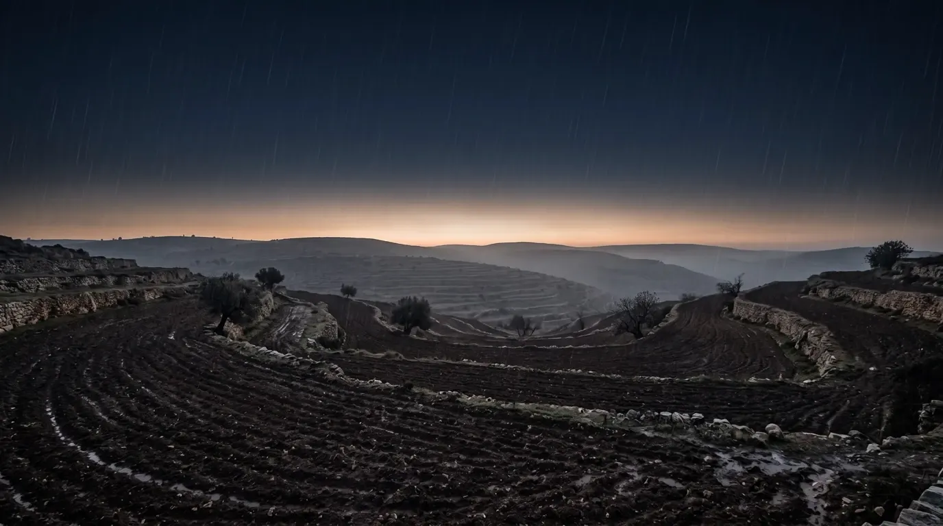 Rain falling on dark ploughed terraces among olive trees.