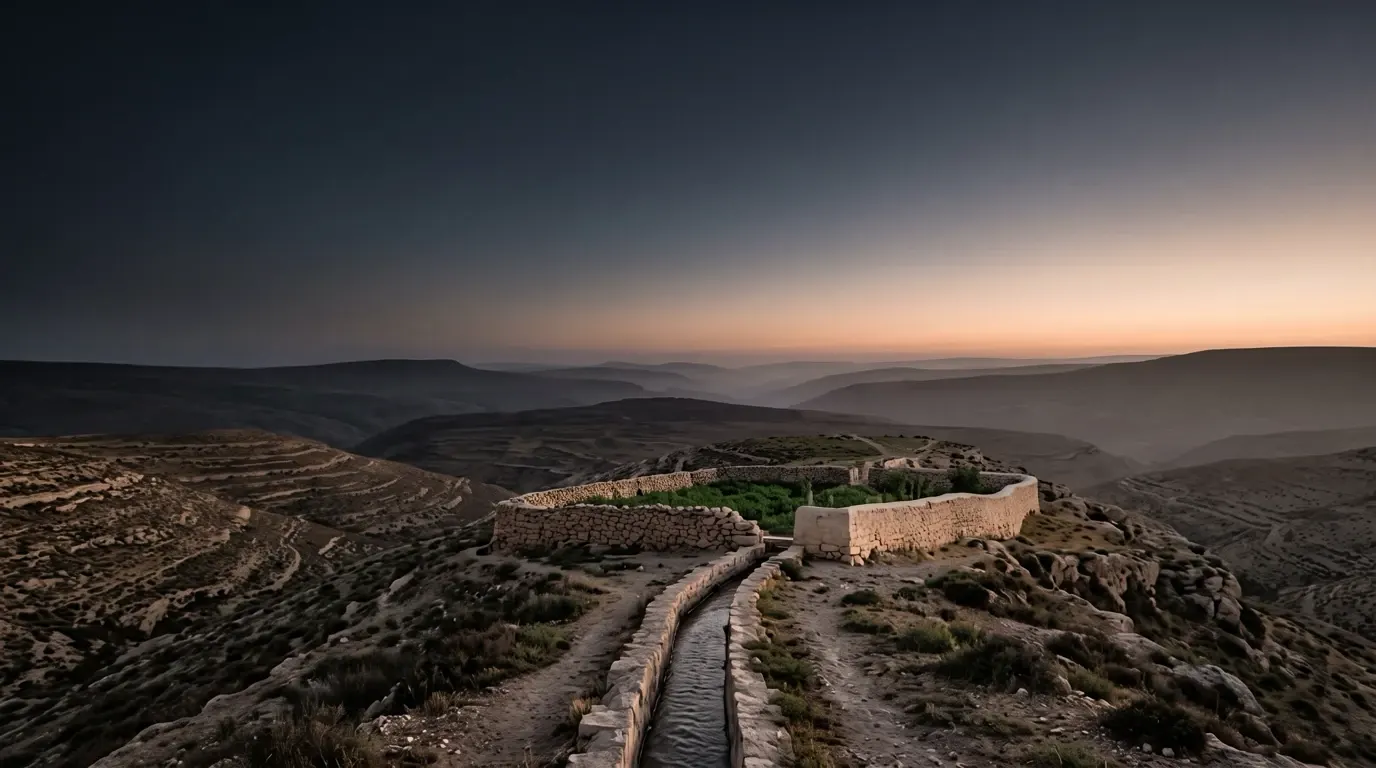 A small walled garden watered by a narrow channel, green among dry hills.