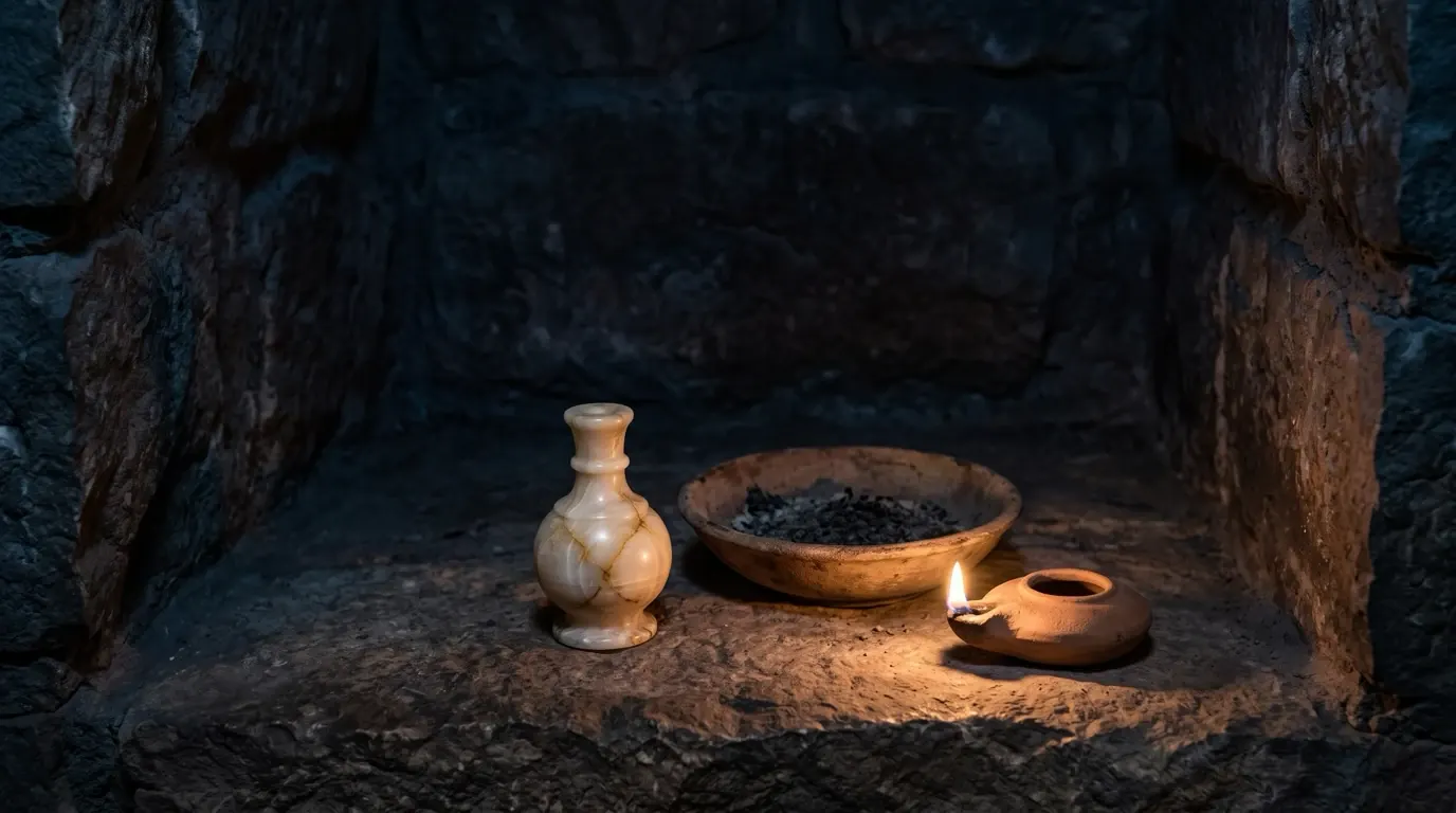 An alabaster flask of oil beside a bowl of ashes on a stone ledge.