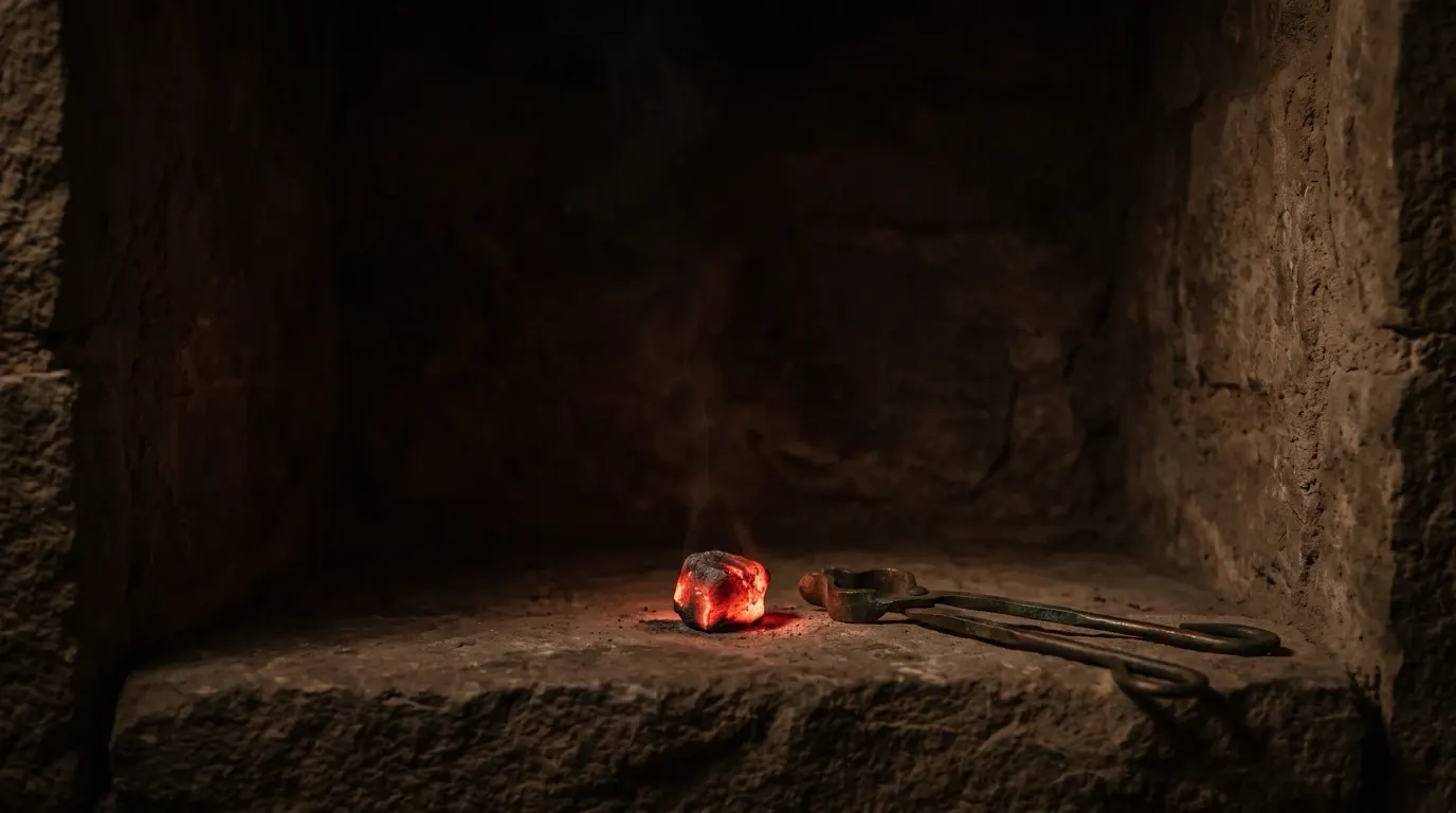 A live coal glowing on a stone ledge beside bronze tongs, a thin smoke rising.
