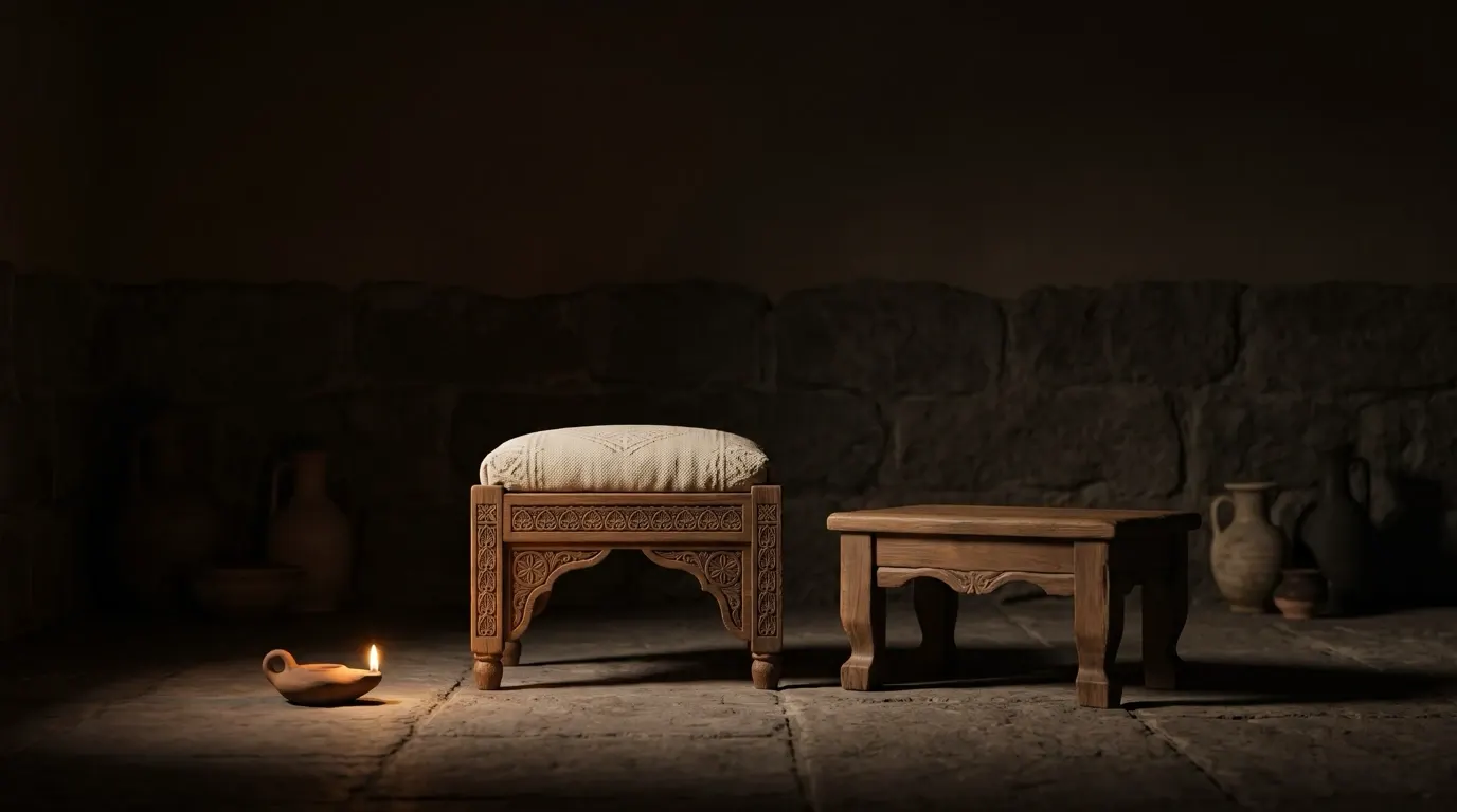 A fine cushioned seat and a bare footstool side by side.