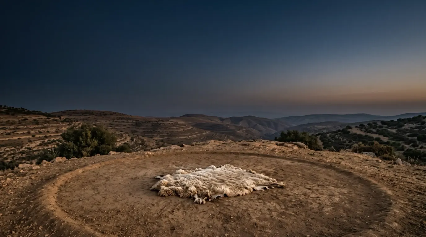 A fleece of wool spread flat on a circular threshing floor on a hill.