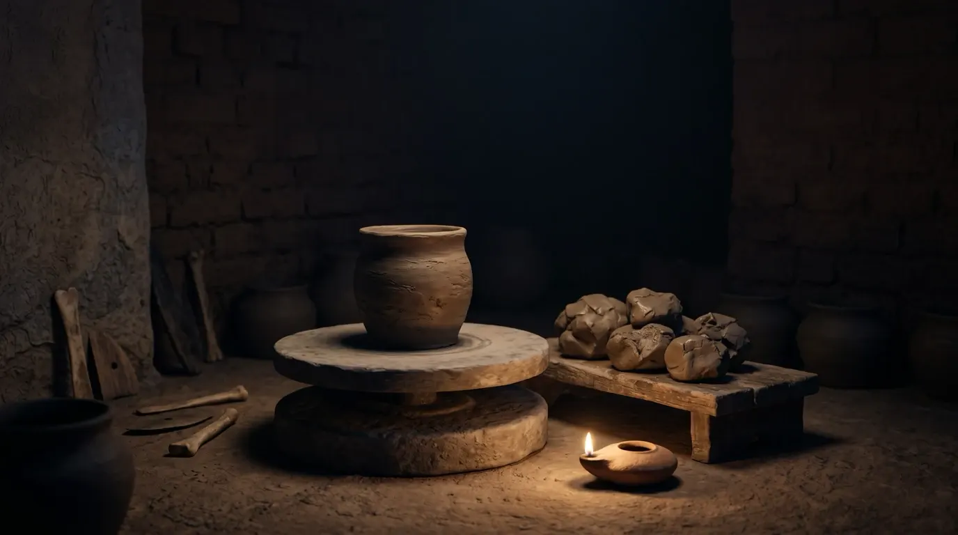 A potter’s wheel with a clay vessel on it, lumps of wet clay on the bench beside.