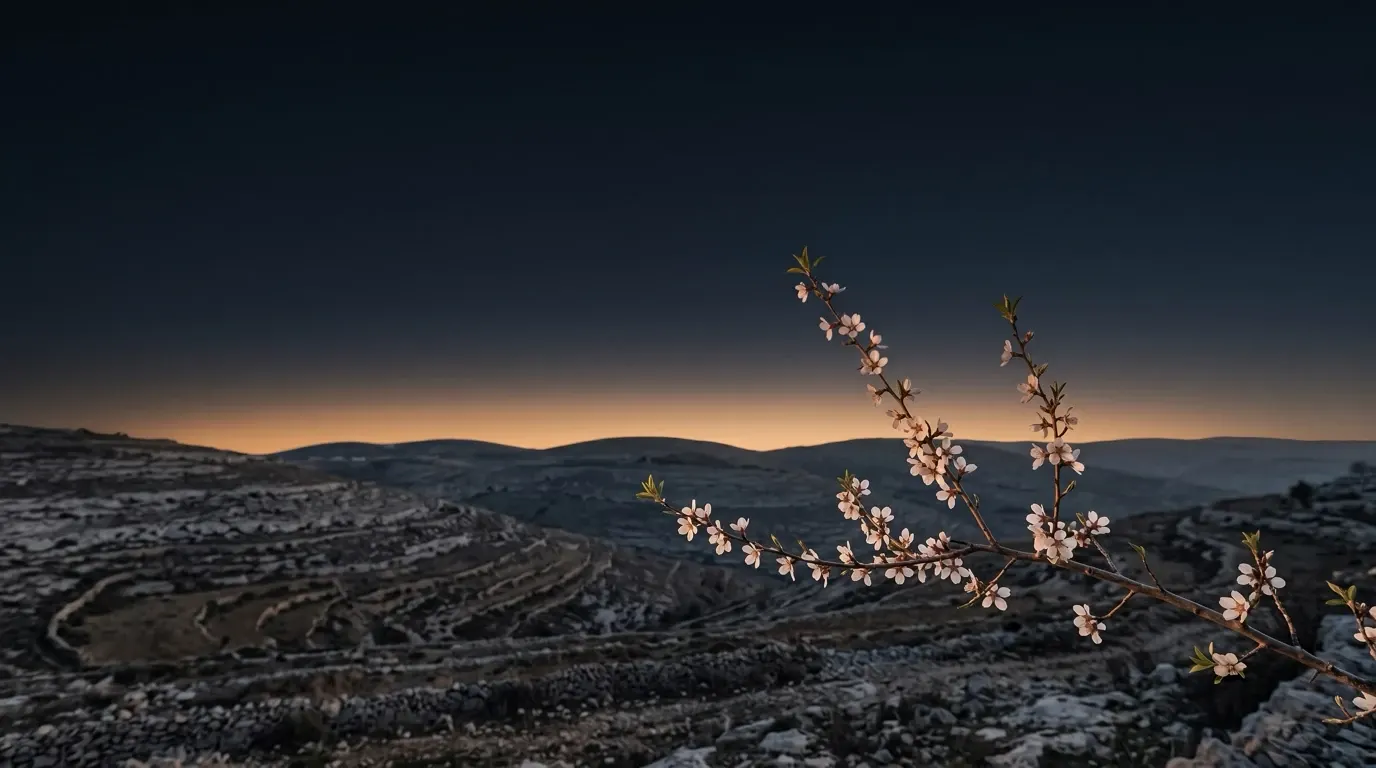 A branch of an almond tree in first white blossom above terraced limestone hills.
