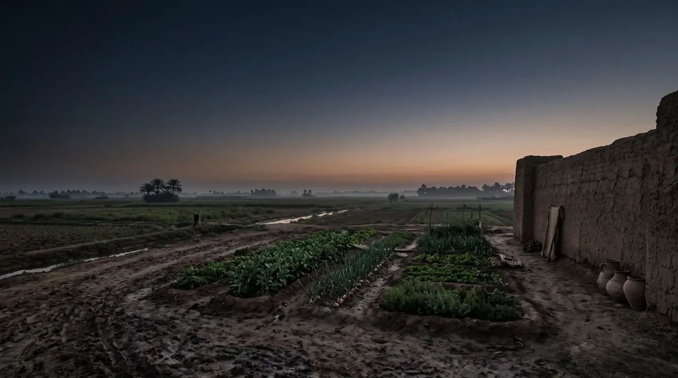 A vegetable garden planted beside a mud-brick wall on a flat plain.