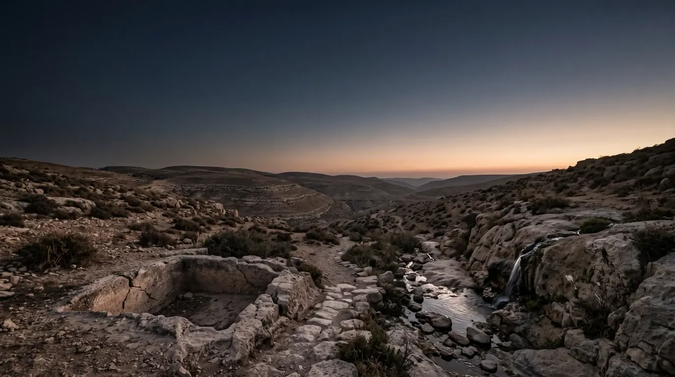 A cracked, dry cistern cut in the rock, a spring of fresh water running close beside it.