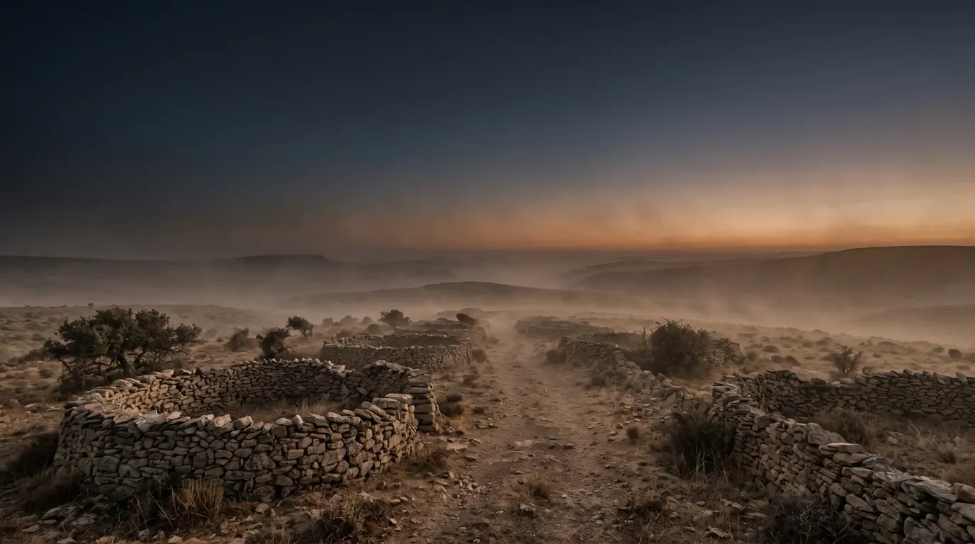 A great wind raising dust across a dry steppe, empty sheepfolds of piled stone in the foreground.