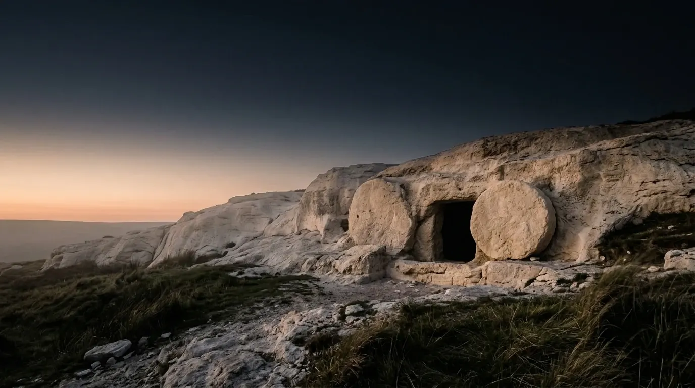 A rock-cut opening in a pale limestone hillside with a heavy round stone standing on edge beside it.