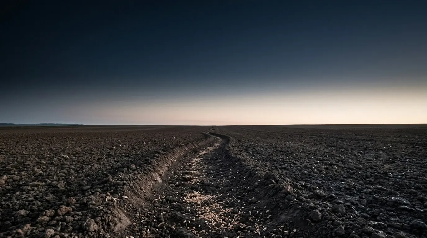 Dark tilled earth with one shallow furrow running through it and loose grains of wheat lying in the soil.
