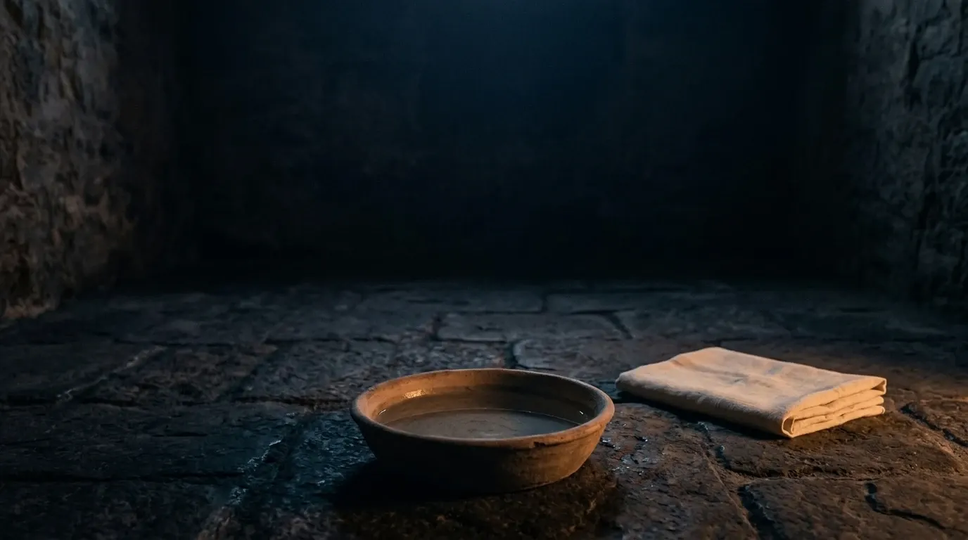A shallow clay basin of clear water and a folded linen cloth on a worn stone floor.