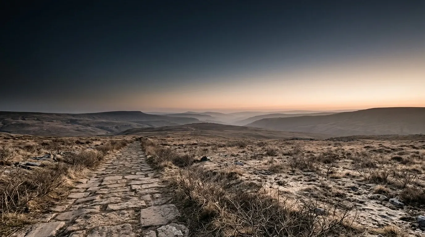 An old road of worn flat paving stones running away across dry open country toward distant bare hills.
