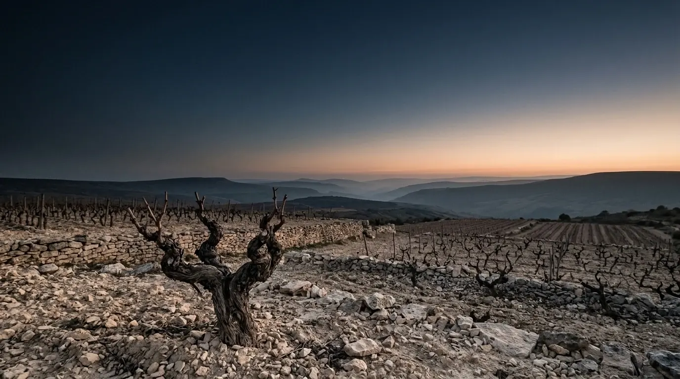 The thick gnarled trunk of an old vine with its canes cut hard back, rooted in dry pale earth.