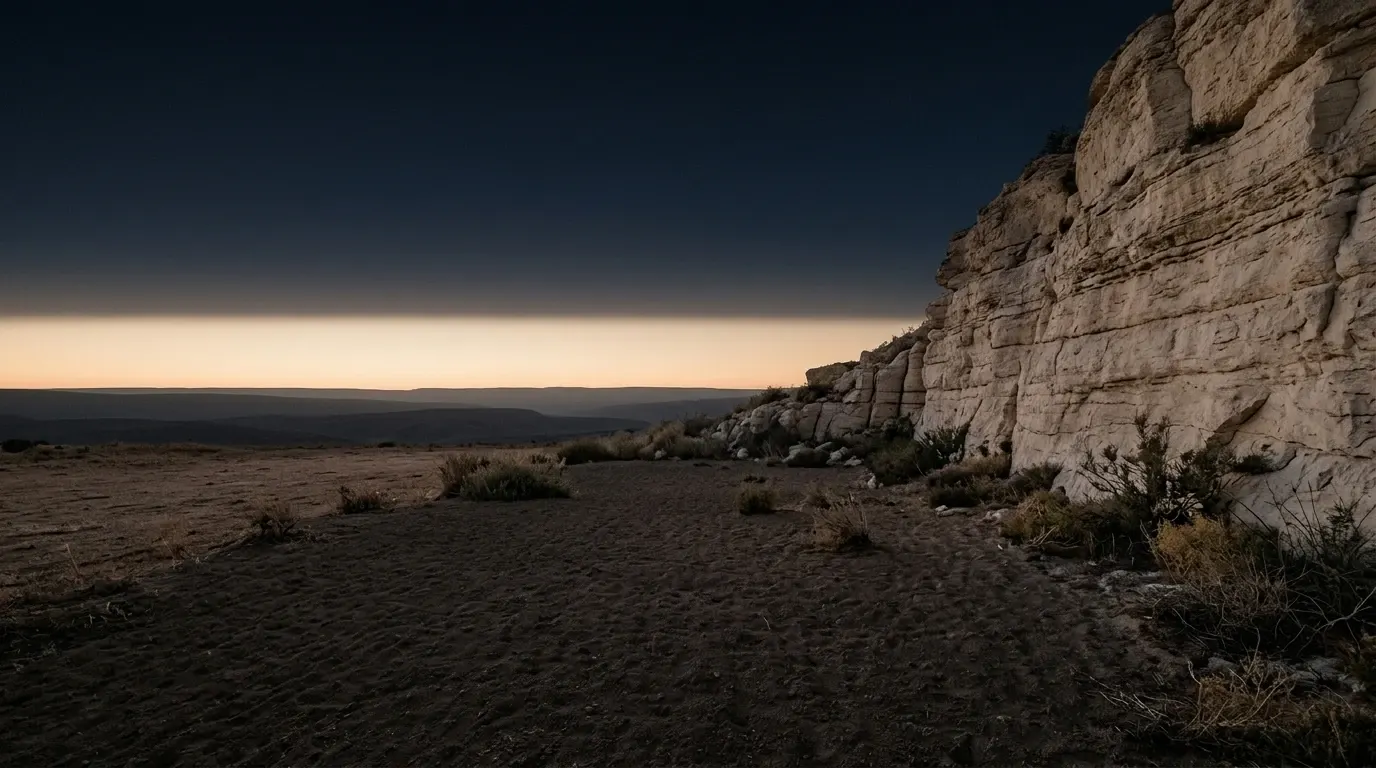A small enclosed garden of bare worked earth at the last light, closed on one side by a natural face of pale limestone.