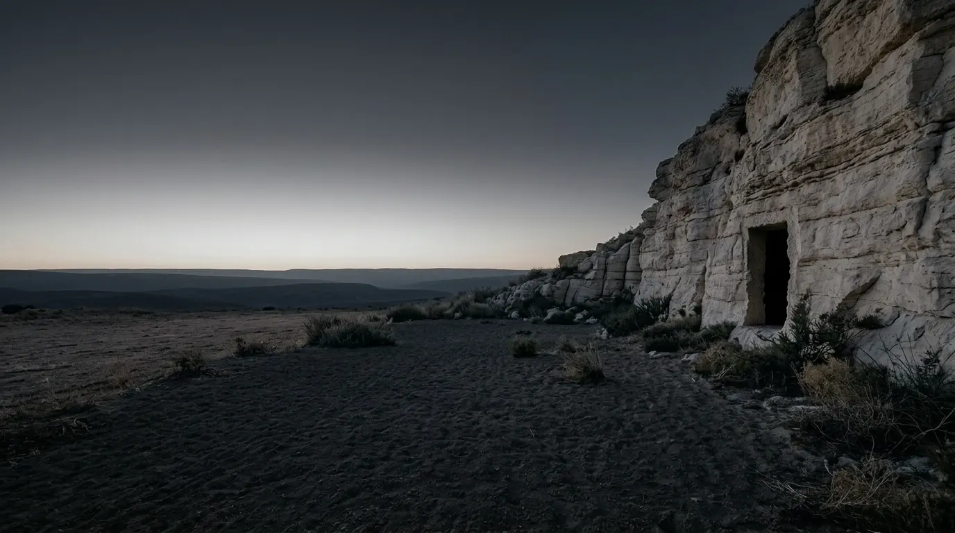 The same garden at the first light of morning, a plain rock-cut opening now standing in the pale limestone face, its interior dark.