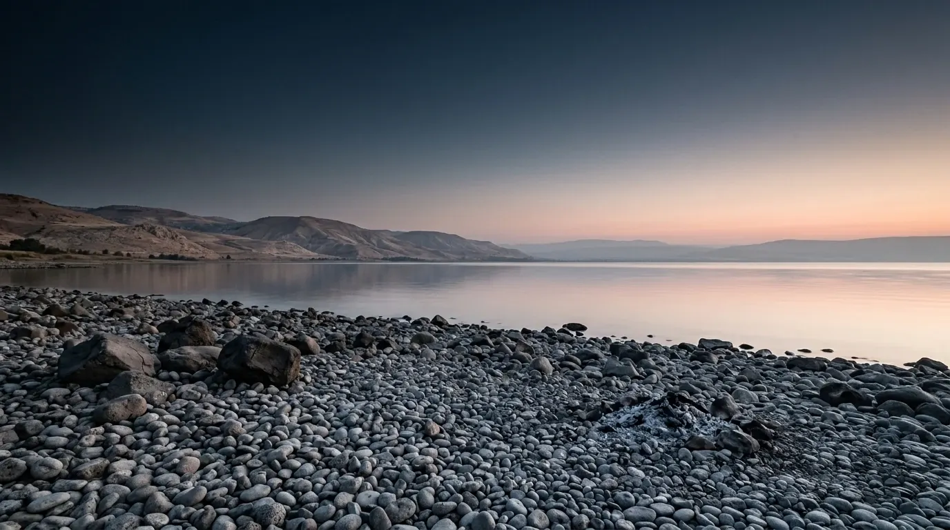 A beach of grey rounded pebbles beside a flat calm lake, a small spent fire of charcoal gone cold and grey on the stones.