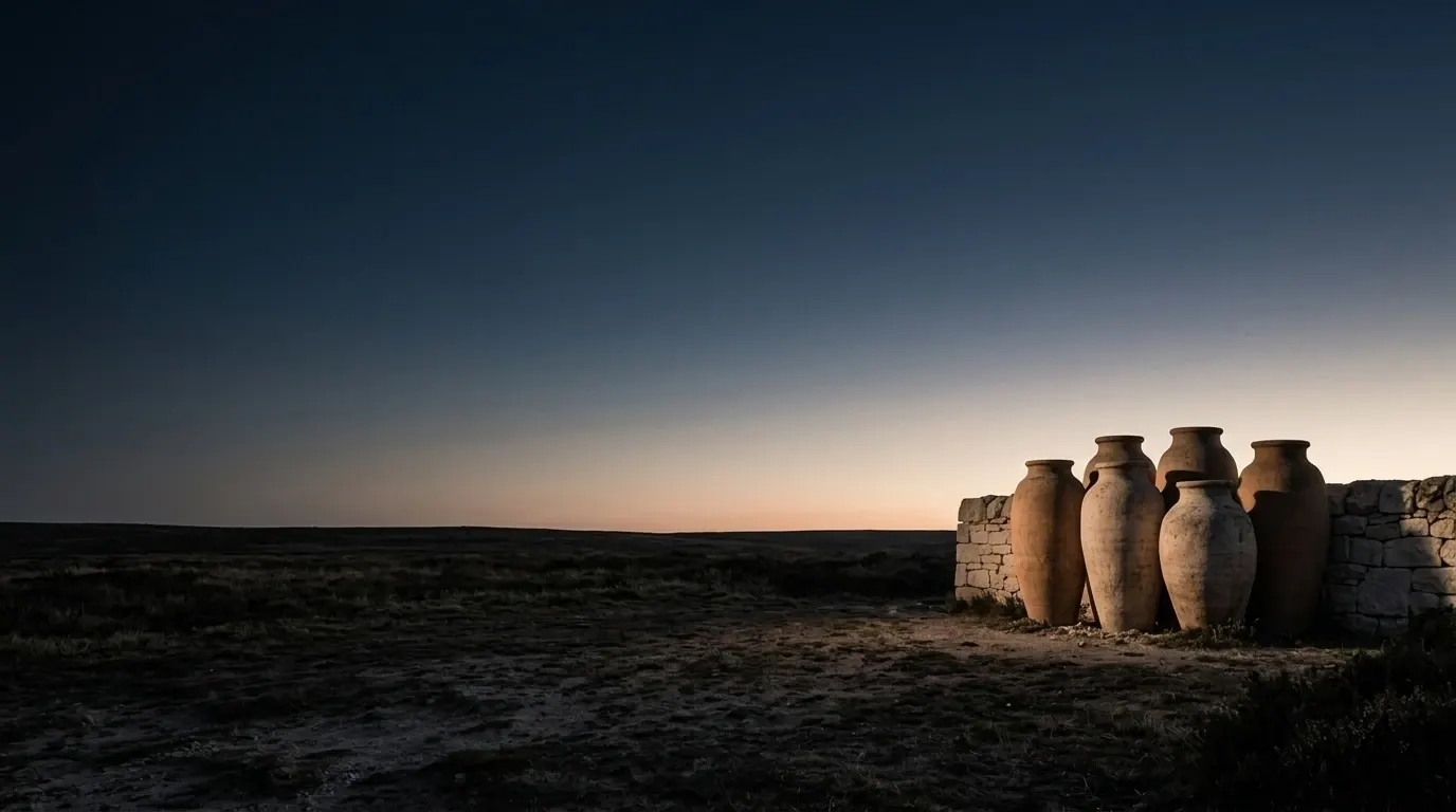 Six tall stone water jars standing empty and close together against a low rough wall, the stone worn pale by use.