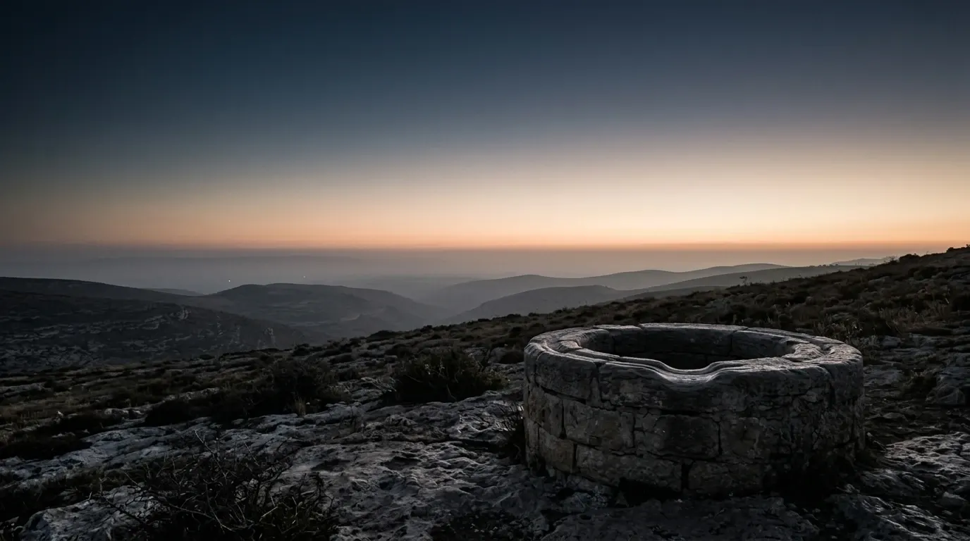 The mouth of a deep stone well on a bare dry limestone hillside at the last light, its rim grooved smooth where rope has passed for generations.