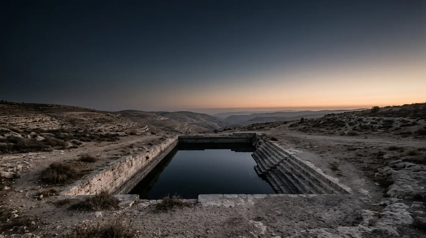 Still dark water held in a deep rectangular reservoir cut from pale limestone, worn steps descending into it along one side.