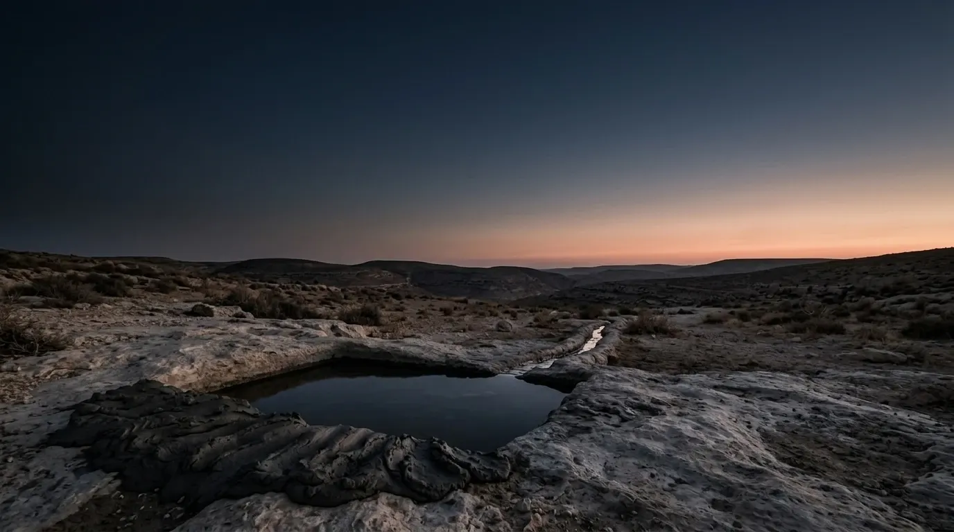 A shallow pool cut into pale limestone bedrock fed by a narrow channel, with wet grey clay heaped at its near edge.