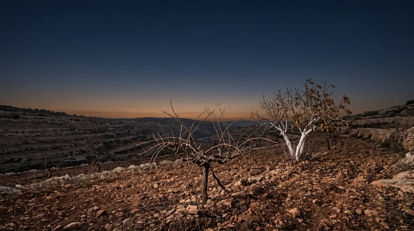 A barked fig tree and a stripped vine on a dry terraced hillside.