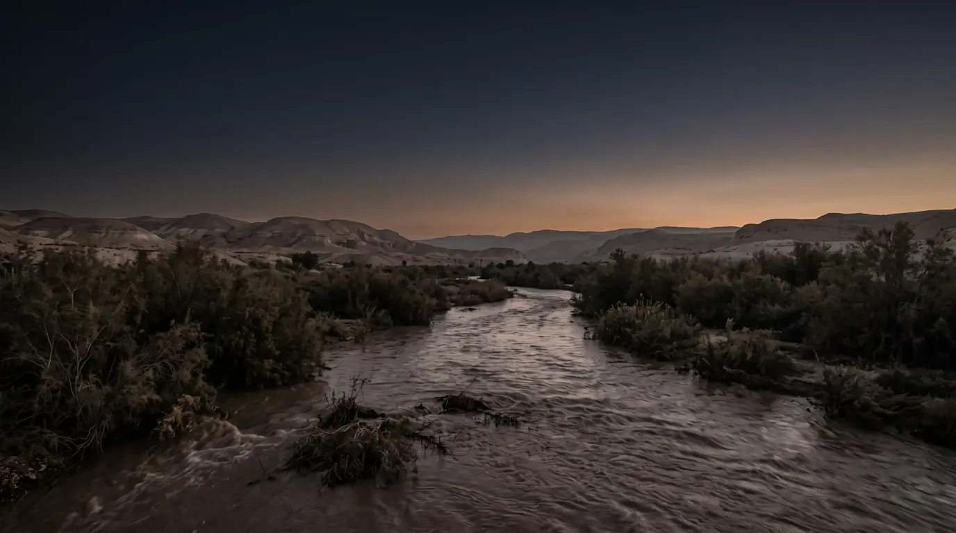 The Jordan in flood, brown water running fast through tamarisk thickets toward low hills.