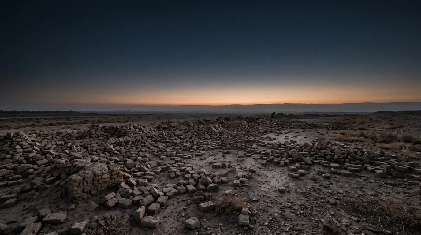 A great mud-brick city wall fallen flat, its bricks spread across the plain.